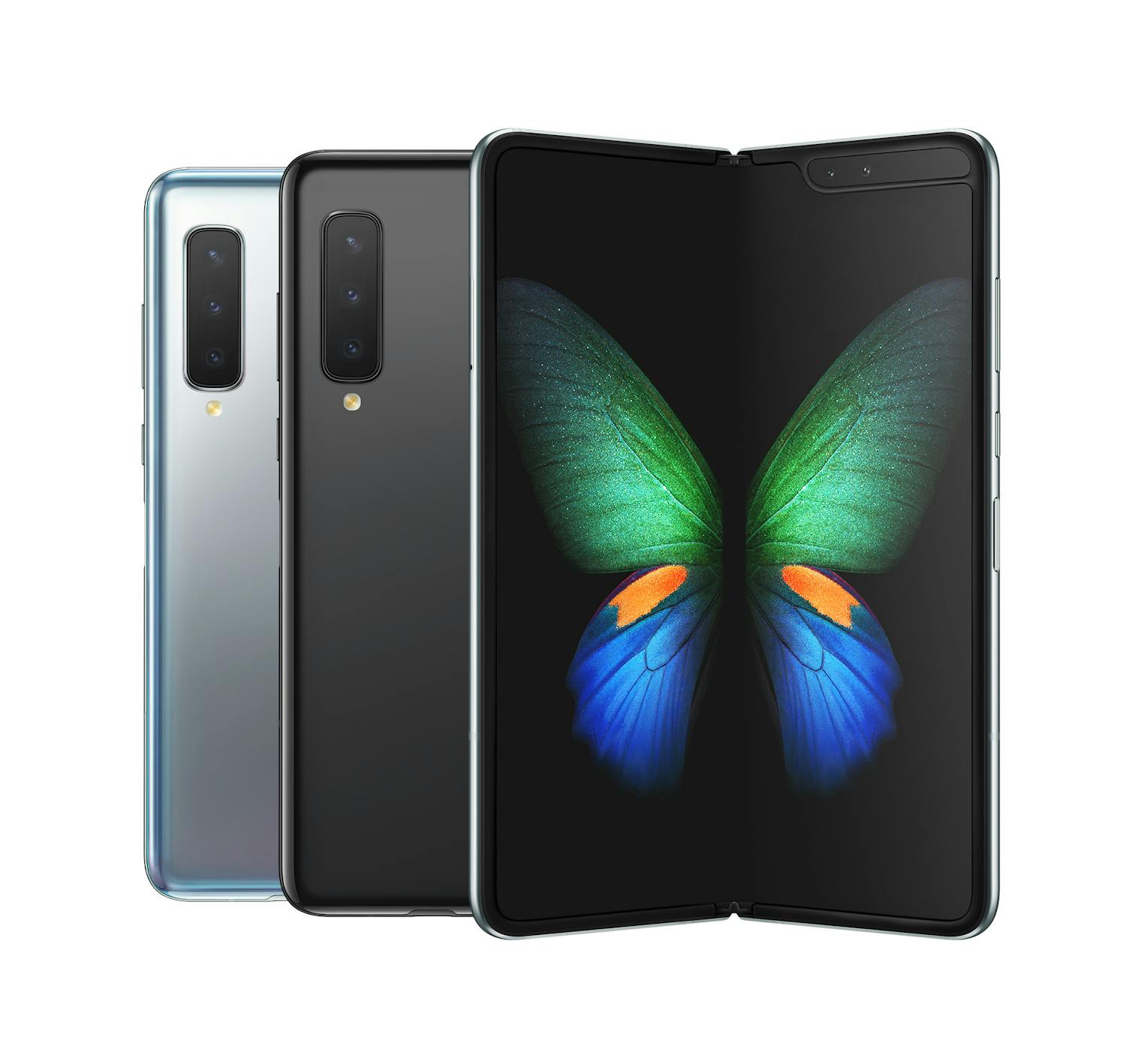 Kuvassa musta ja hopeanvärinen Galaxy Fold sekä osittain auki taitettu laite